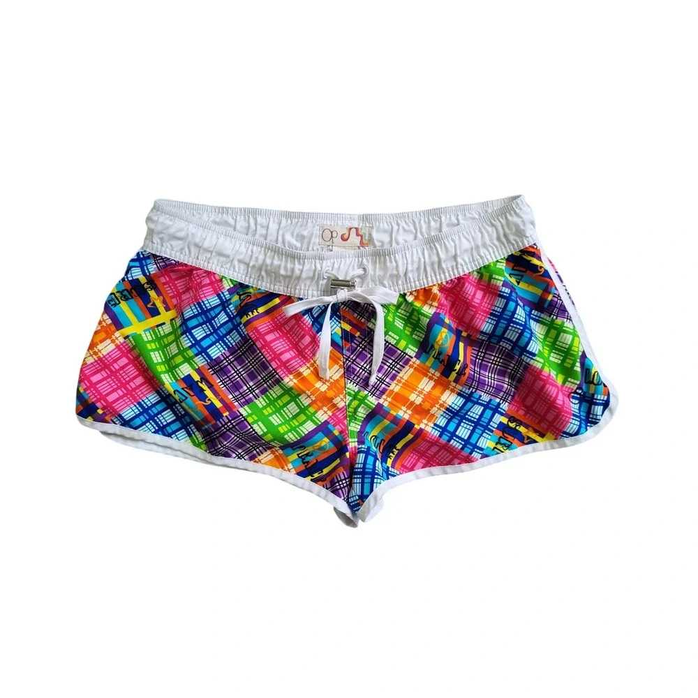 Vintage Y2K OP Ocean Pacific Surf Shorts M Neon Plaid Surf Skater Dolphin Cheeky